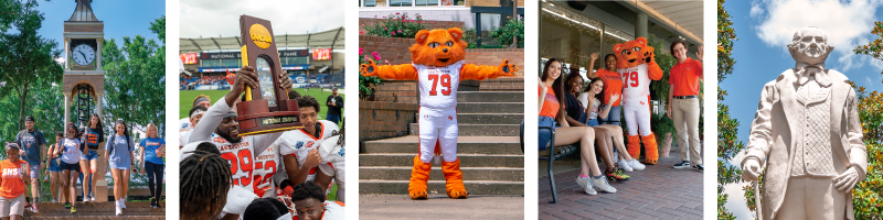 Collage of students on campus, football players holding the national championship trophy, mascot Sammy Bearkat, students in downtown Huntsville, and the «Ӱҵ statue on campus.